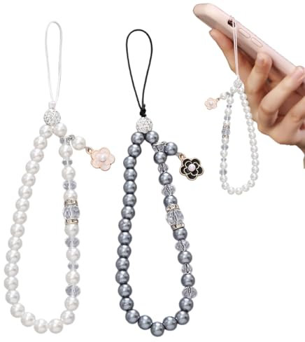 2 Piezas Cadena para teléfono móvil universal, Cordón acrílico, correa de teléfono móvil, correa de muñeca, cordón colgante, accesorios de cadena de teléfono (Perlas Blancas y Grises)