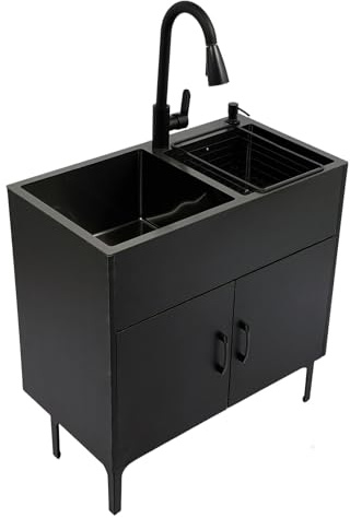 Lavello da Cucina Autoportante con Armadio in Legno, Lavello in Acciaio Inox 2 Vasche con Doppia Vasca da Bagno, Rubinetto Estensibile, per Garage Ristorante Lavanderia