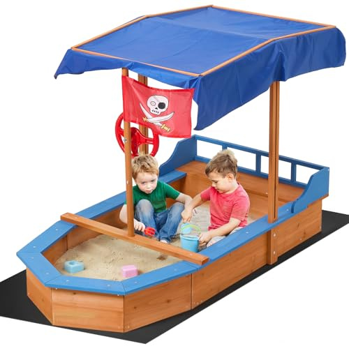 Warmiehomy Sand Pit With Lid For Toddlers Age 3-10 Wooden Kids, Pirate Ship Sand Boat With Canopy Liner Flag, Shell SandPit Outdoor Kids For Garden Backyard Creative Fun Gift For 3+ Years