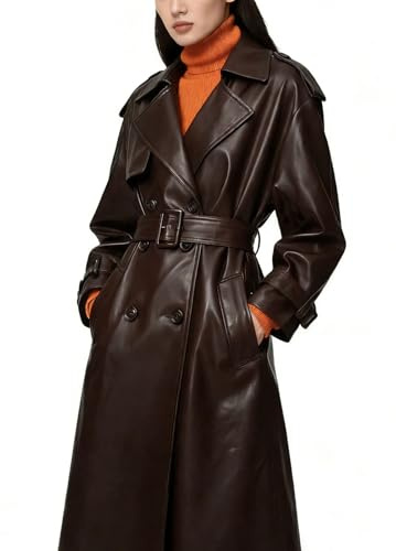 utcoco Women's Faux Leather Trench Coat Double Breasted Belted High Waist Long PU Leather Jacket Fall Winter Outerwear (Small, Brown)