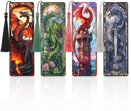 Zaamwoyy 4 Pcs Stained Glass Dragon Bookmarks Gifts for Women Men, Transparent PVC Bookmark with Tassels, Cool Book Lovers Accessories, Unique Reading Book Marks for Bookish Office School