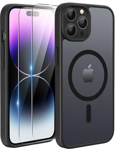 TQIAHF Magnetic Phone Case for iPhone 14 Pro Case with 2 Tempered Glass Screen Protector Compatible with MagSafe Military Grade Translucent Matte Phone Cover for iPhone 14 Pro,Black