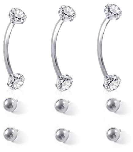 Xqzbmt 16G Stainless Steel Thread Curved Barbell with Cubic Zirconia - Compatible with Vertical Labret Lip Bars, Rook Piercing Jewellery, Meets Eyebrow Lip Piercing Needs With Replacement Balls
