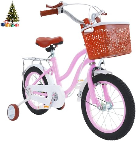 HUOMMGS Kinderfahrrad 14 Zoll Retro Stil Kinderfahrrad mit Stützrädern, Rücksitz, Korb Höhenverstellbar Kinder Fahrrad für ab 3-7 Jahre Jugend Fahrrad für Jungen & Mädchen (Rosa)