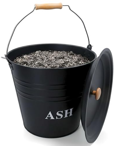ALAYSTAR 12L Ash Bucket with Lid and Wooden Handle Heavy Duty Metal Fire Bucket for Hot Black Powder Coated Steel Fireplace Ash Bin for Log Burner Wood Burner and Fire Pit