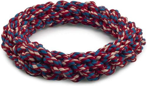 ECO FRIENDLY Recycled T-Shirt Rope Dog Toy, Knotted Ring Tugger, Red, Blue and Black, Massages Gums and Cleans Teeth, Medium 18cm, Interactive Tug of War Play , Puppy Chew, Throw, Fetch Tug Toy