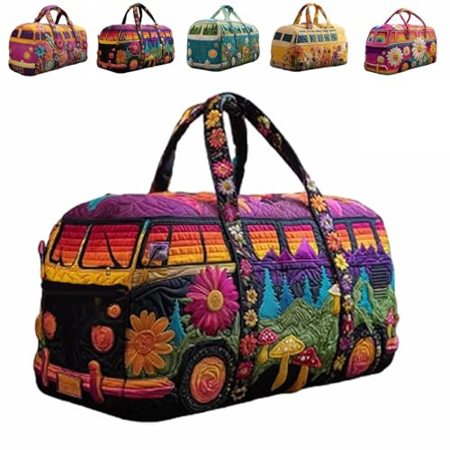 Sac De Voyage Matelassé Hippie Van – Sac Week-End bohème avec bandoulière Ajustable, Sacs De Voyage Style Rétro pour Femme, Idéal pour Les Courts Séjours
