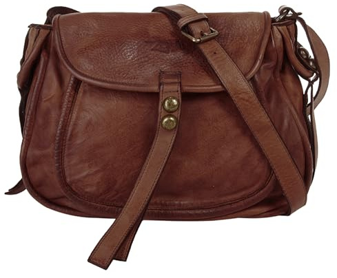 Samantha Look Umhängetasche Echt Leder Damen Made in Italy, kompakte Umhängetasche, Schultertasche mit Druckknopf cognac 019565