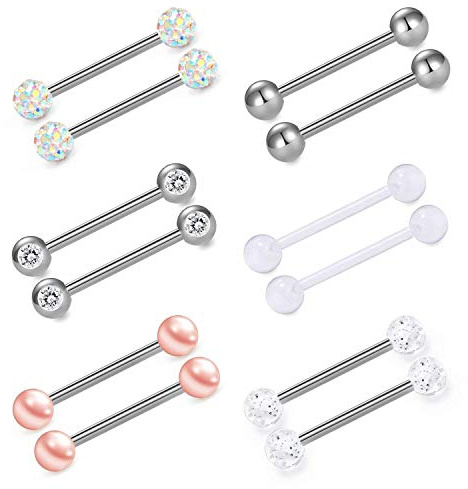 incaton Anneaux De Mamelon Anneau de Langue Acier Chirurgical Anneaux de Mamelon Piercing Les Femmes Argent Barbells 14G 6 Paires 18mm