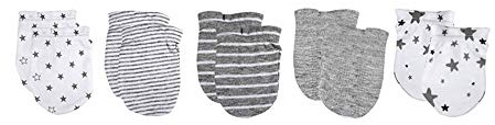 Kiddiezoom Manoplas de algodón para bebés y niñas, paquete de 10 sombreros de bebé de algodón suave para bebés, 5-Pack Grey Mittens, M
