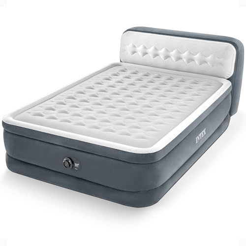 INTEX Queen Size Air Mattress, 18in Height Airbed with Headboard, Built-in Pump, Dura-Beam Deluxe Ultra-Plush - Portable Inflatable Bed for Camping & Travel