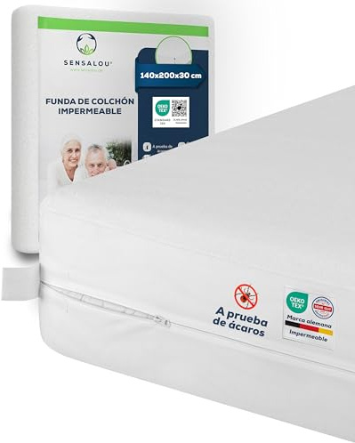 Sensalou Protège-Matelas Imperméable et Anti Acariens Contre Acariens et Punaises de Lit, Encasement Silencieux pour Allergiques, Surface Éponge Douce, avec Fermeture Éclair (1, 140 x 200 x 30 cm)