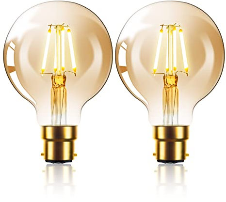 Vintage Edison G80 Globe LED Filament Bulb - 6W B22 Bayonet Cap Retro Style Decorative Light Bulb - Warm White 2800K, 2-Pack