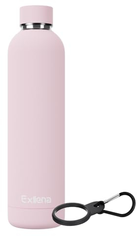Exllena Insulated Water Bottles 1l with Clip, Double Wall Vacuum Drinks Bottle Keeps Drinks Cold 24 Hrs/Hot 12 Hrs, Stainless Steel Water Bottle BPA Free(Pink)