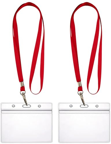 Funda para identificación con cremallera, flexible, horizontal, impermeable, tarjetas de identificación, funda protectora de 0,80 mm, transparente + cordón de 360 ° (rojo)