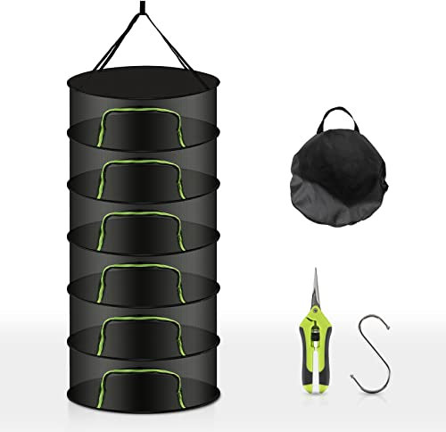 CPROSP 6 Capas Malla Secado Hierbas Plegable, Estante de Secado de Hierbas φ 60 cm x H 120cm con Cremallera en Forma de U, con Tijeras y Gancho en S para Colgar Hierbas, Flores,