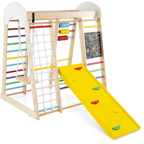 COSTWAY Set Escalada 7 en 1 para Niños,Escaldada de Madera con Rocas de Escalar y Escalera, Red de Escalada, Barra Horizontal, Centro Actividad de Interior para Niños 3+ Años (Multicolor)