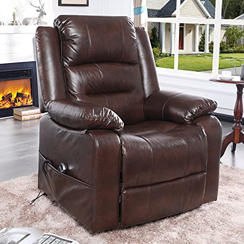 S*MAX Riser and Recliner Chairs Electric Reclining Chairs for The Elderly Living Room Full air Leather Recliner Armchair Side Pockets USB Charge Port and Remote Control Brown Large