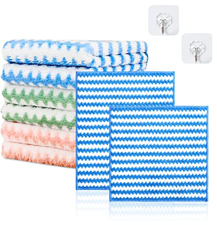 Confezione da 6 panni in microfibra con 2 ganci trasparenti, panni per la pulizia della cucina, stracci morbidi, 2 misure riutilizzabili, per lavare i piatti, pulire i vetri (rosa, blu, verde)