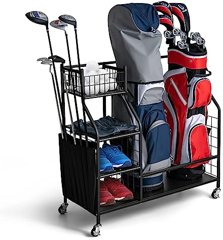 COSTWAY 4 in 1 Golf-Organizer, Golfschläger-Organizer mit Rollen, für 2 Golftaschen & Golf-Zubehör, Golftaschenregal mit Haken & Korb für Golfbälle & 3 Ablagen aus Metall, 95 x 40 x 94 cm