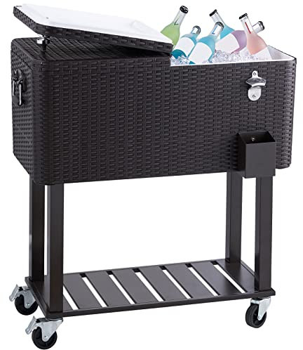 VEVOR Servierwagen Kühlwagen 80 QT, Beistellwagen Getränkewagen 820 x 470 x 880 mm, Getränkekühler Rattan-Getränkekühlwagen Braune Eisbox Eiswagen Party Kühler Partywagen mit Trennblatt Beistellwagen