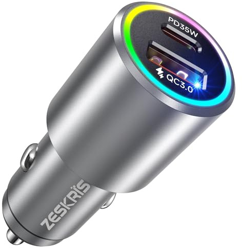ZESKRIS 53W Dual Port Car Charger With Type C PD3.0 35W and USB-A QC3.0 18W for Phone 15, iPad Pro, Galaxy S23/S22/S21, Pixel