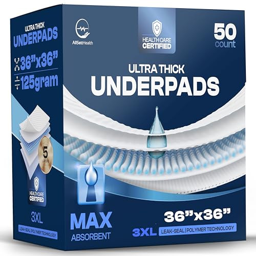 50 Pack Incontinence Bed Pads Disposable for Adults 125 Gram - 3XL 36 x 36 Super Absorbent Waterproof Bed Liner, Pee Pads for Adults - Chucks Pads