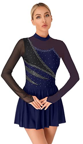MSemis Vestito da Pattinaggio Artistico sul Ghiaccio Donna Skater con Strass Leotard Abito da Ballo Latino Americano Body da Danza Classica Balletto Jazz Rumba Sambsa Salsa Blu Scuro C S