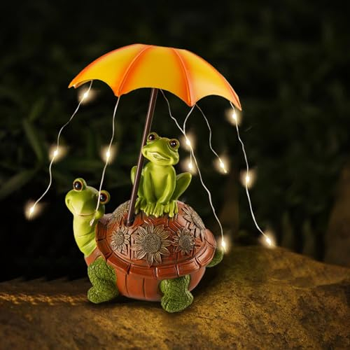 DZAY Fröschgarten Schildkröte Solarlampen für Außen Garten Figuren Statue,Solarleuchten für Außen Garten Frosch mit Regenschirm Steinfiguren Gartendeko Winterfest für Yard Rasen Patio