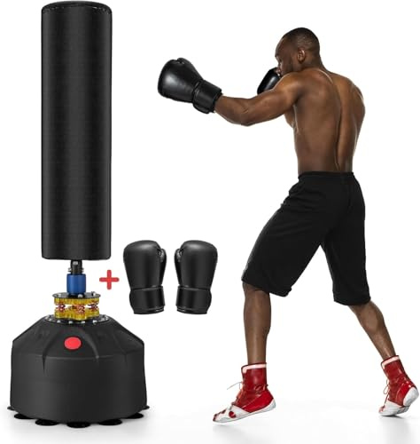 GYMAX Saco de Boxeo de Pie Adulto, 175 cm Saco Pesado de Kick Boxing con Soporte, Base de Ventosa, Guantes de Boxeo, Saco Boxeo Suelo para Adolescentes Adultos, para MMA Muay Thai Fitness