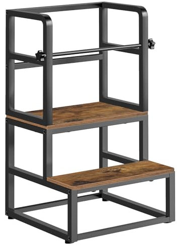 HOOBRO Lernturm für Kinder, 2-stufiger Stehturm für Kinder mit Sicherheitsschiene, Kinderküchen Tritthocker, Tritthocker-Helfer für Küche, Esszimmer, Badezimmer, Vintagebraun und Schwarz EBF02JD01