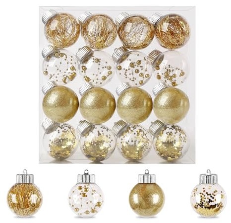 ilauke 16 Stück Weihnachtskugeln Gold, 6cm Christbaumkugeln Kunststoff, Weihnachtsbaumkugeln Plastik, Glitzernd Goldene Transparent Weihnachtskugeln, Weihnachtsbaumschmuck für Weihnachtsdeko, Party
