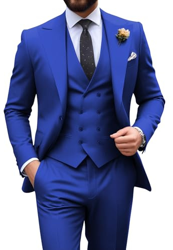 Mens Suit Slim Fit 3 Piece Double Breasted Suit Men Formal Tuxedo Set Casual Wedding Prom Groom Suits, 3pcs-Royal Blue, M