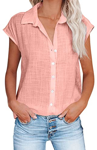 Generico Camicia Donna Estiva Manica Corta Camicie in Lino Elegante Blusa con Bottoni Lavoro Casual Top Camicetta da Spiaggia Tinta Unita Classico Cotone