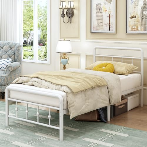 EMODA Cama 75 x 190 cm con Cabecero y Piecero, Marco de Cama Individual de Metal Altura 36cm con Almacenamiento Debajo de la Cama, Fácil Montaje, Libre de Ruidos, Blanco