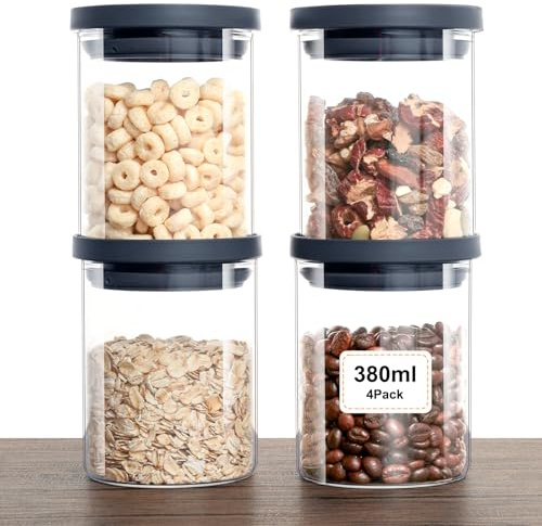 VINATO 4 Stück Vorratsgläser - Vorratsdosen Mit Deckel Luftdicht aus Borosilikatglas für Küche, BPA-frei, Glasdosen Mit Deckel Set, 380ml für Nüsse, Snacks & Gewürze