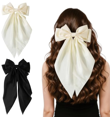 2Pcs Cream Hair Bow, Hair Bows with Long Tail Silky Satin (Black, Off-White）