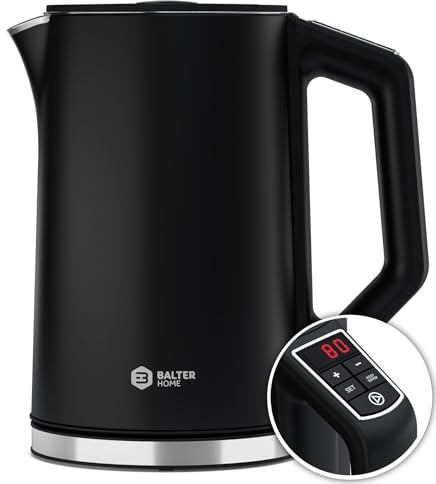 BALTER Edelstahl Wasserkocher mit Temperatureinstellung, 40°C-100°C, Doppelwand, BPA frei, leise & kabellos, Kettle, Teekocher mit Temperaturwahl, 1.5L, 2200W, Schwarz