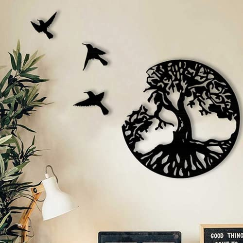 QYLPZ Wall Art Ornaments for Living Room, Wall Decor, Black Metal Wall Sculptures of Tree of Life with Birds, Hanging Ornaments for Bedroom (28cm/11.02in)