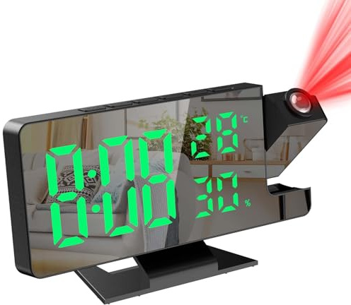 Tisaika Projection Alarm Clock for Bedroom 7.8 Digital Clock with 180° Projector 12/24H LED Mirror Digital Clock with Temperature Humidity Display Adjustable Brightness Snooze for Office Home Desktop