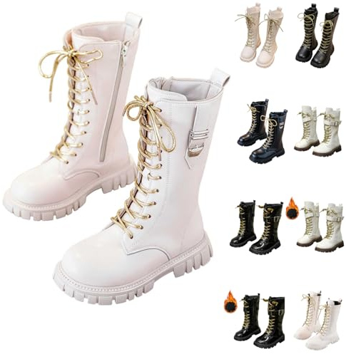 Costume da bambina con fodera in pile, stivali da equitazione per bambini, con chiusura lampo laterale, stivaletti antiscivolo, caldi, autunnali, d bianco., 32 EU