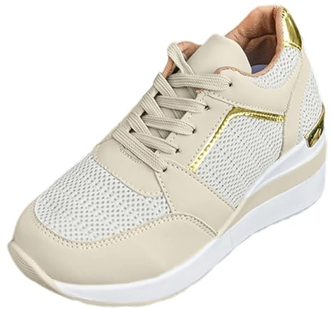 Deportivas Mujer - Zapatillas Deportivas De Mujer para Viajes Deportes Y Salidas Informales Diseño Elegante con Cordones Tacón De Cuña Cómodo Usar Todo El Año (Beige 40)