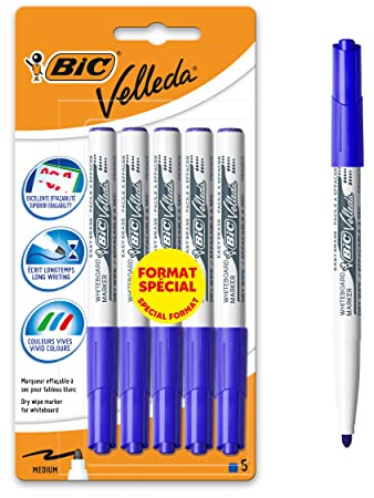 BIC Velleda 1741 Pennarelli per Lavagna Bianco Cancellabili a Secco, Punta Conica Media, Blu, Blister Formato Speciale di 5