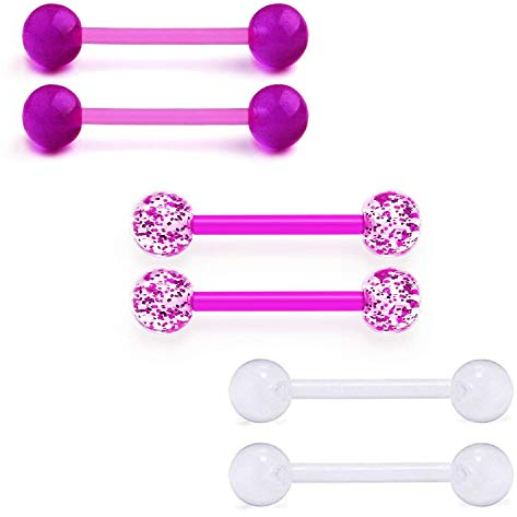 Incaton Zungenpiercing Barbell Leuchtend Glitzer Barbell Piercing Set Bioflex Flexibler Kunststoff, 14 Guage 16mm 6stk, Lila