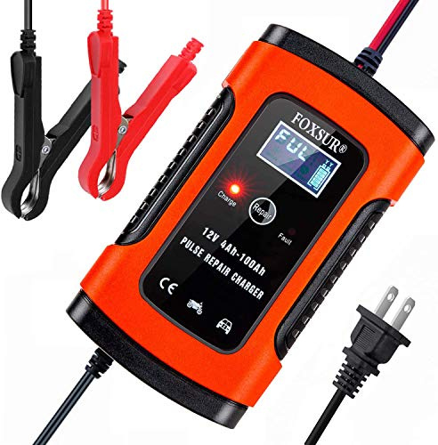 FOXSUR Car Battery Charger & Maintainer, 12V 5Amp Fully Automatic Intelligent Battery Charger with LCD Screen, Used to Charge, Maintain and Repair Batteries for Various Vehicle (Red), Black