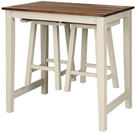 Giantex 3 Piece Pub Dining Set, Counter Height Pub Table with 2 Saddle Bar Stools, Tavern Collection Table Set for Living Room, Kitchen, Small Space (Brown & Milky White)