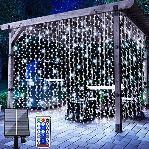 Chipark Solar Curtain Lights, Upgraded Garden Fairy Lights Solar Powered 300 LED 8 Modes Remote Control Waterproof Outdoor Curtain String Light for Gazebo Patio Party Festival Decorations(White)