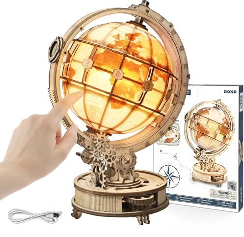 ROKR 3D Wooden Puzzles for Adults-LED Illuminated Wooden Globe Puzzle-Model Building Kits-Room Decor for Teen Girls Boys Women Men