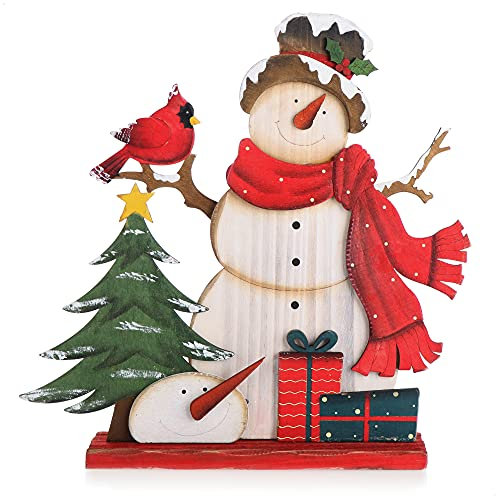 com-four® Dekorativer Aufsteller für Weihnachten - Schneemann aus Holz zum Hinstellen - Weihnachtsdekoration zum Verzieren und Verschenken (Schneemann mit Vogel)