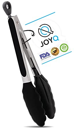 JOYQ Kitchen Tongs - 9 Inch Kitchen Utensil Cooking Tongs with Padlock System - Easy Grip Food Grade Silicone Tongs for Meat, BBQ, Frying and Serving (9 inch, Black)
